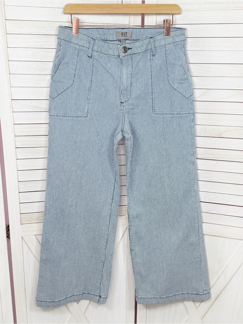 Kut from the Kloth Meg Railroad Striped High Rise Wide Leg Crop Pants Blue White